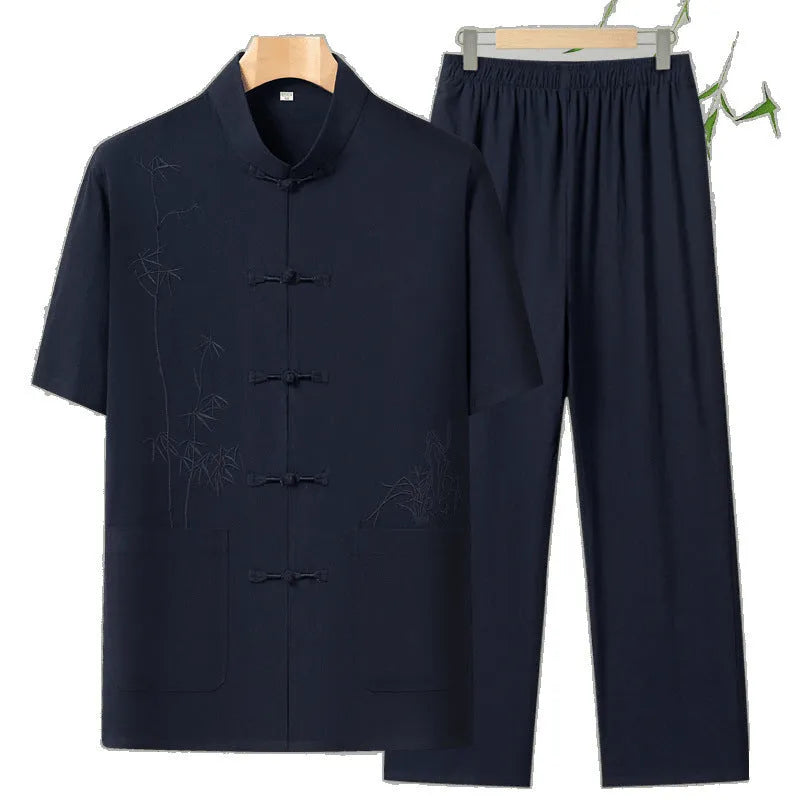 Cotton short-sleeved leisure suit for elderly men in multiple colour options with trousers