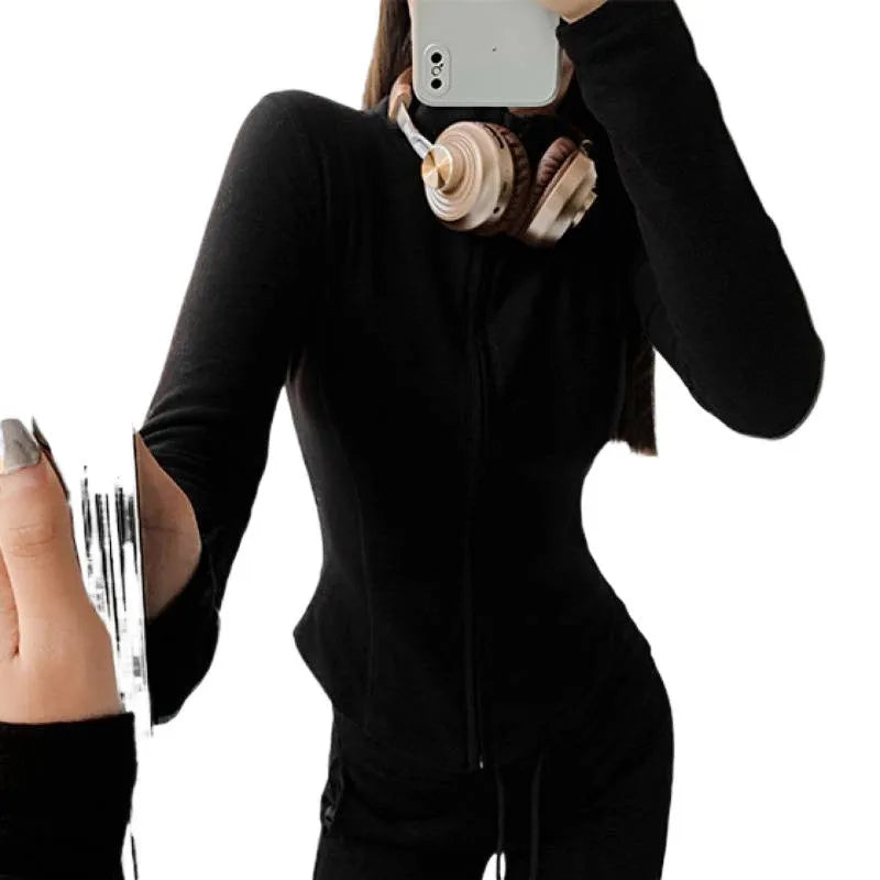 Women's slim fit Dralon cardigan with full zip front and flying sleeves in solid black colour