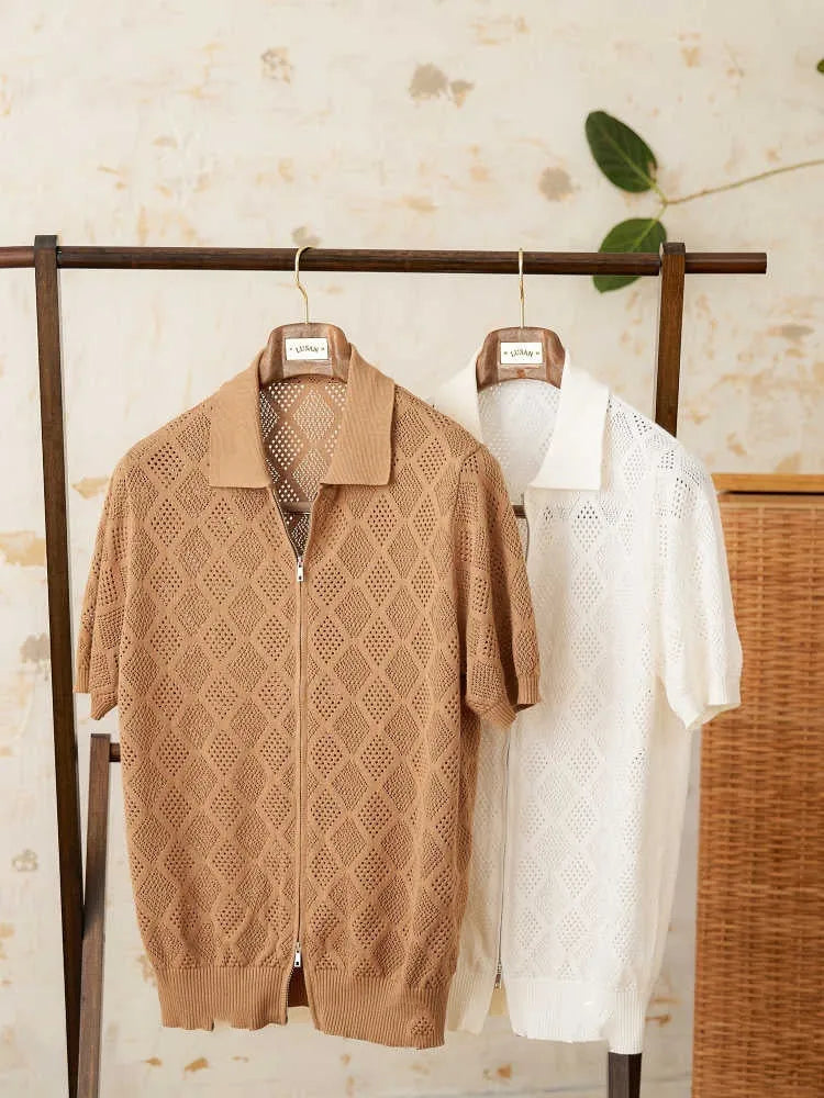 Light brown cotton cardigan with lapel collar, short sleeves, and front zipper