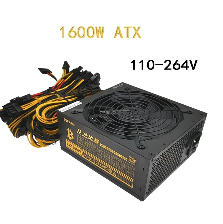 Black high-wattage server power supply unit with multiple PCIe and power connectors.