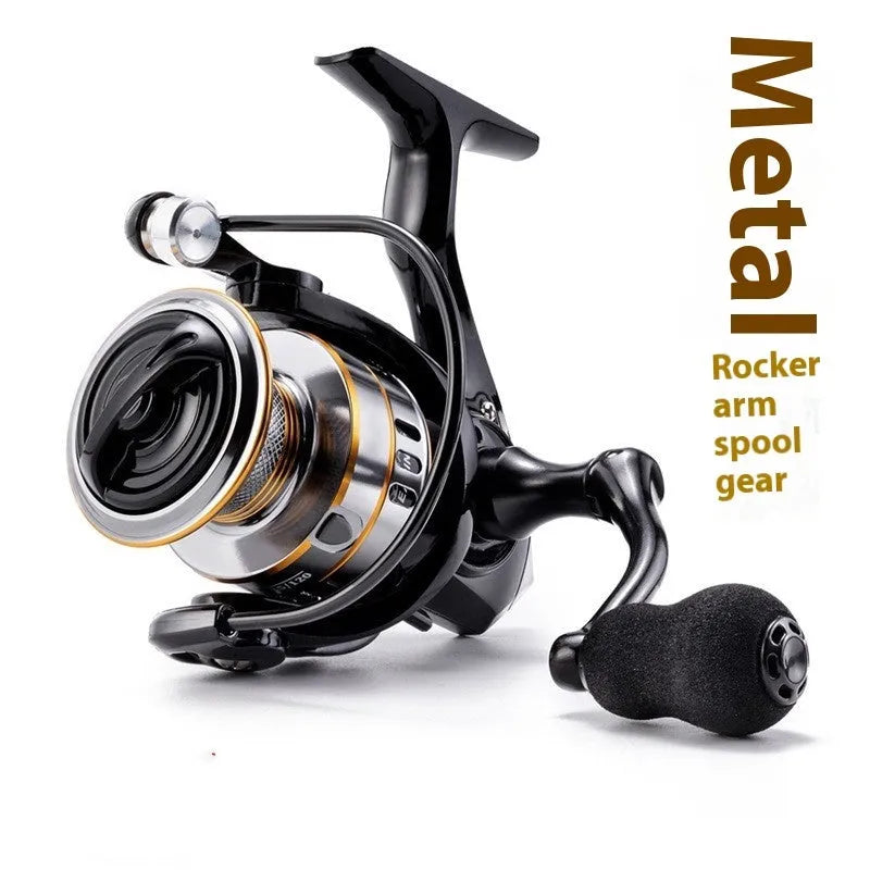 RY series spinning fishing reel with all-metal lure mechanism and black EVA grip handle.