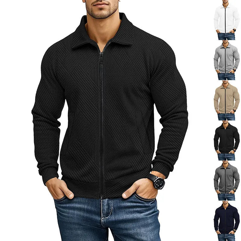 Men's solid colour cotton blend British style jacket with turn-down collar on a hanger.