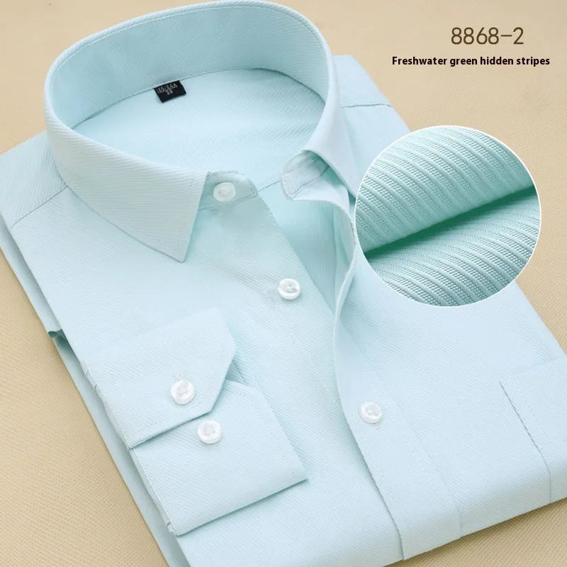 Men's black slim fit long sleeve cotton business shirt on a hanger.
