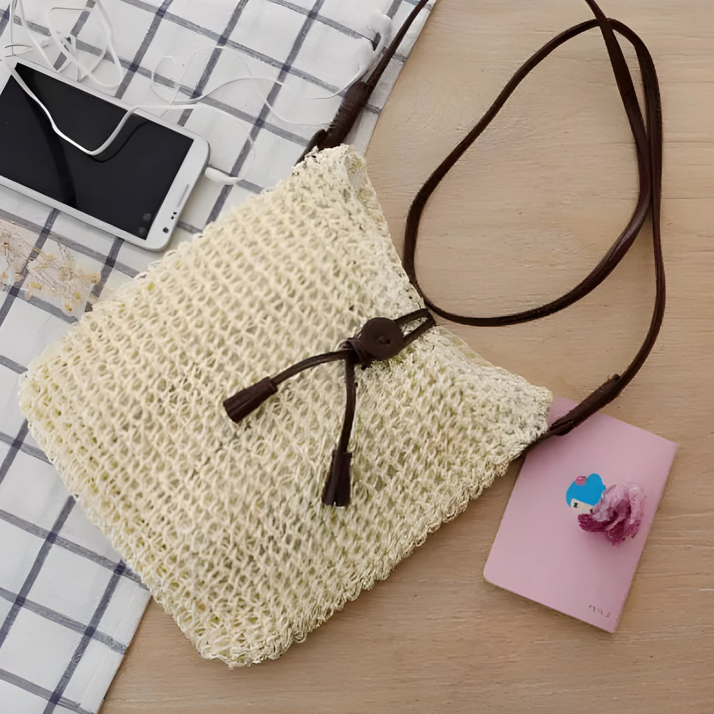 Handmade crochet crossbody straw bag for children with cotton lining in khaki colour