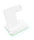 White three-in-one desktop wireless charging stand for mobile phone, smartwatch, and wireless earbuds.