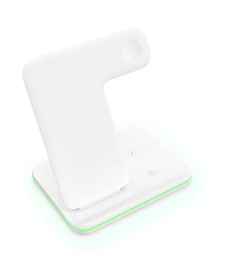 White three-in-one desktop wireless charging stand for mobile phone, smartwatch, and wireless earbuds.