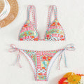 Women's lace-up front swimsuit bikini set with high-cut split-side briefs in picture colour.