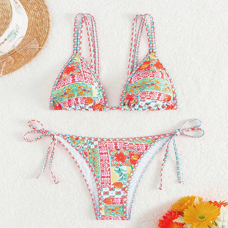 Women's lace-up front swimsuit bikini set with high-cut split-side briefs in picture colour.