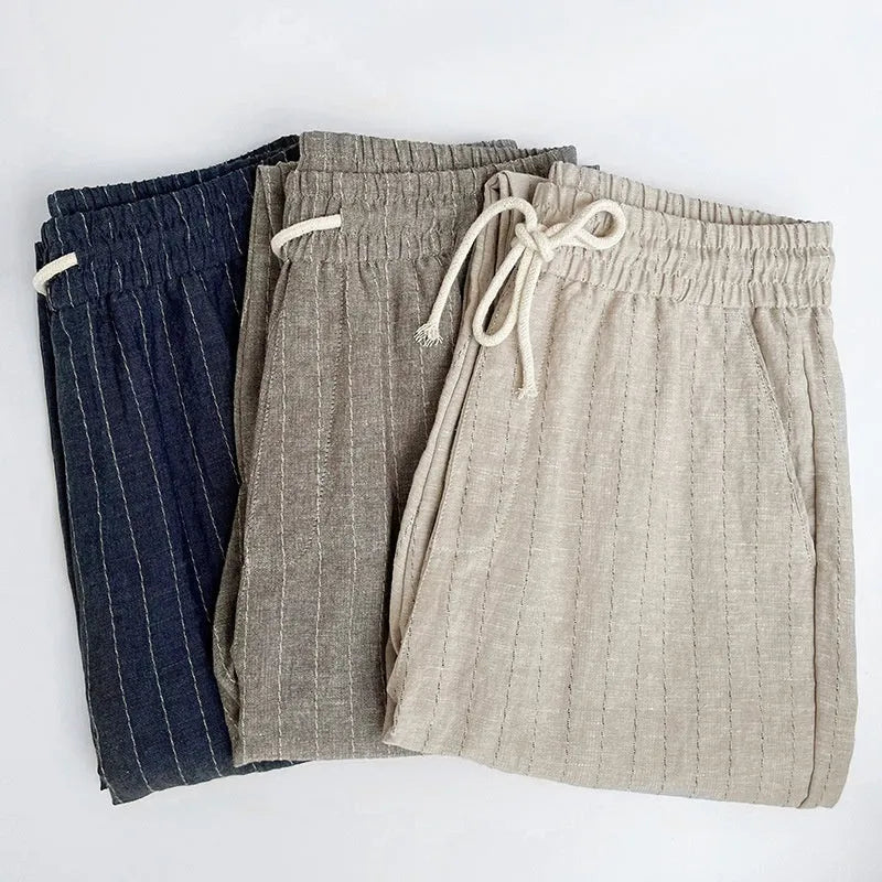 Men's linen summer casual trousers in striped patterns with cropped length and thin cotton linen fabric