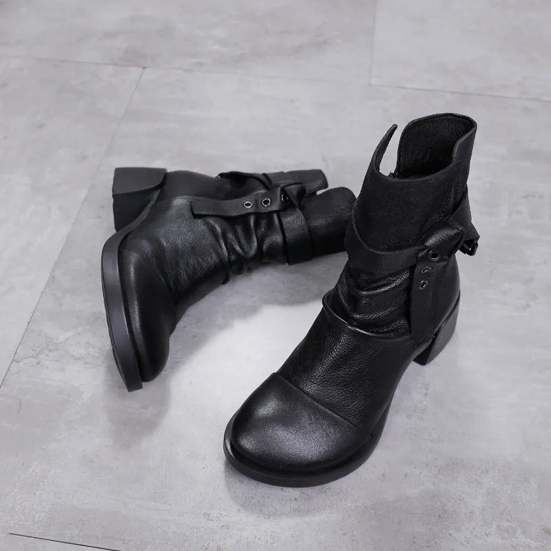 Women's retro chunky heel ankle boots in genuine leather with round toe
