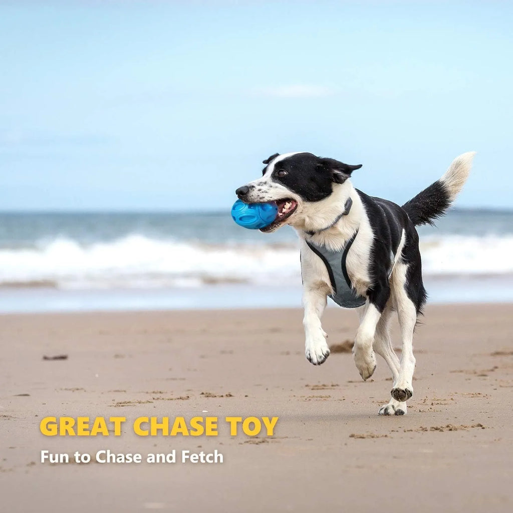 Durable natural rubber squeaky chew ball dog toy with surface grooves for medium and large breeds