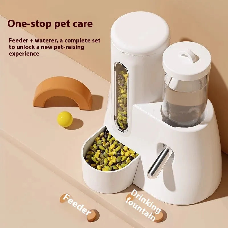 Blue automatic hamster drinking bottle feeder with food basin attached to cage bars.