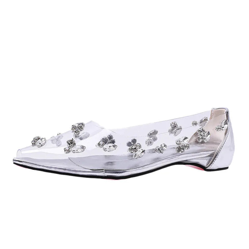 Silver transparent PVC stiletto pumps with rhinestone embellishments and buckle fastening