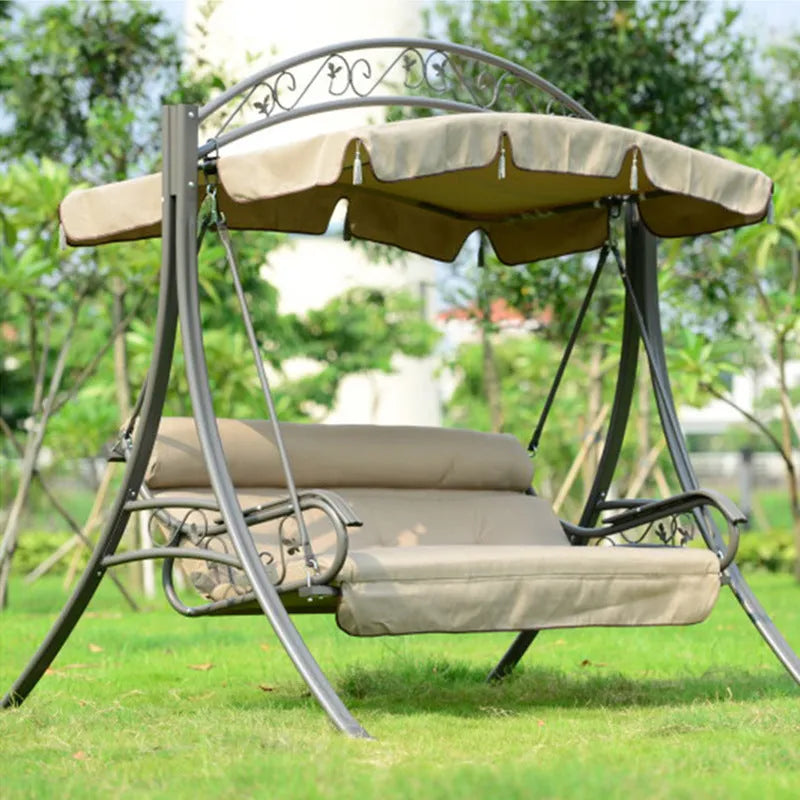 Outdoor three-person alloy steel rocking swing with Teslin mesh backrest and anti-slip feet in rustic colour