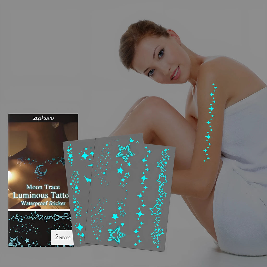 Luminous temporary tattoo stickers pack with glow-in-the-dark party designs