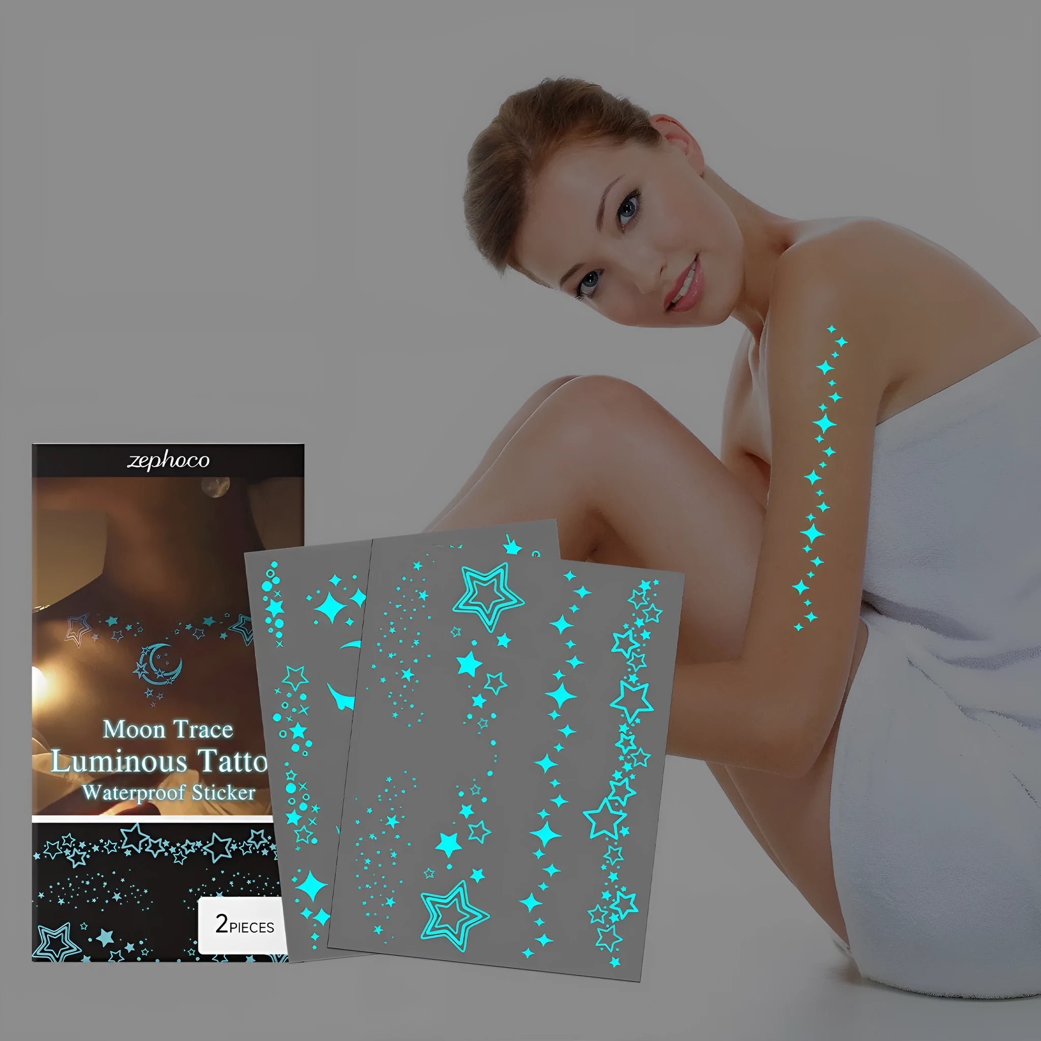 Luminous temporary tattoo stickers pack with glow-in-the-dark party designs