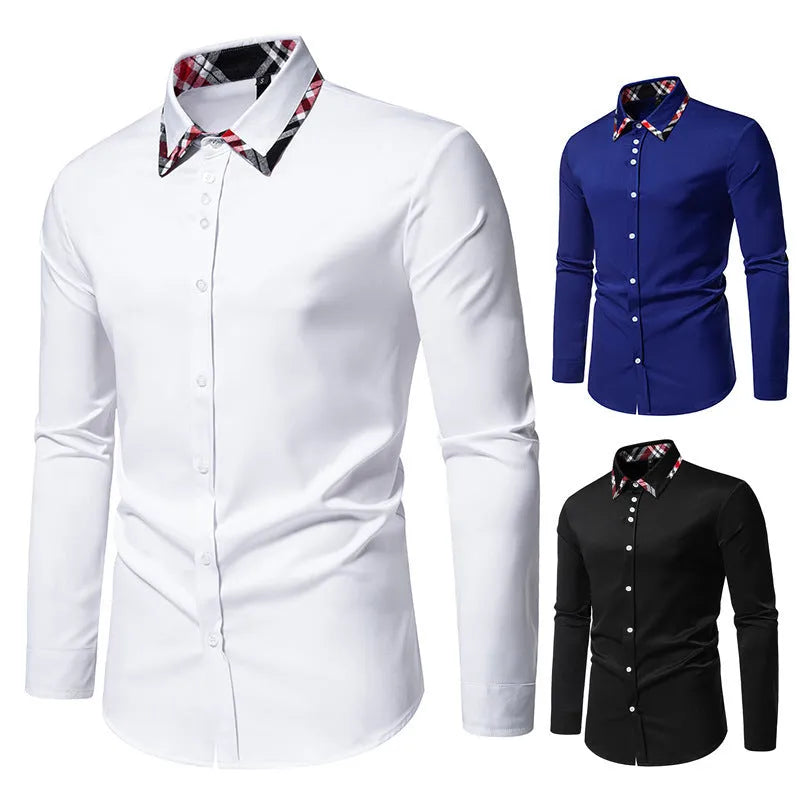 Man wearing a blue plaid contrast triangle collar long sleeve casual shirt.