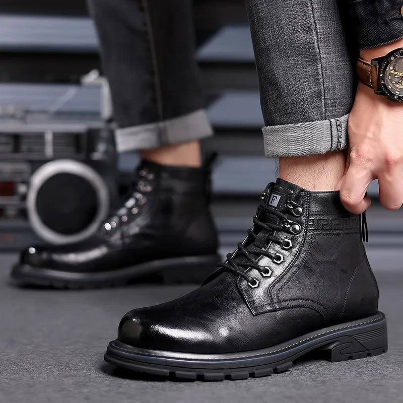 Men's black patent leather work ankle boots with square heel and high cylinder sock design