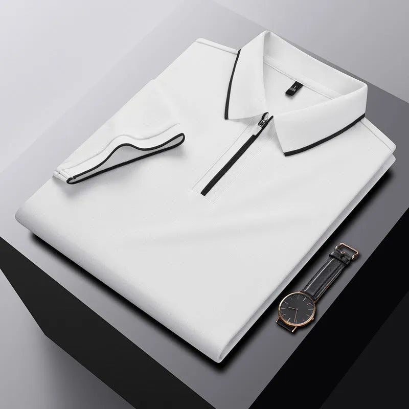 Men's solid colour polo shirt with a zipper collar and short sleeves in a casual style.