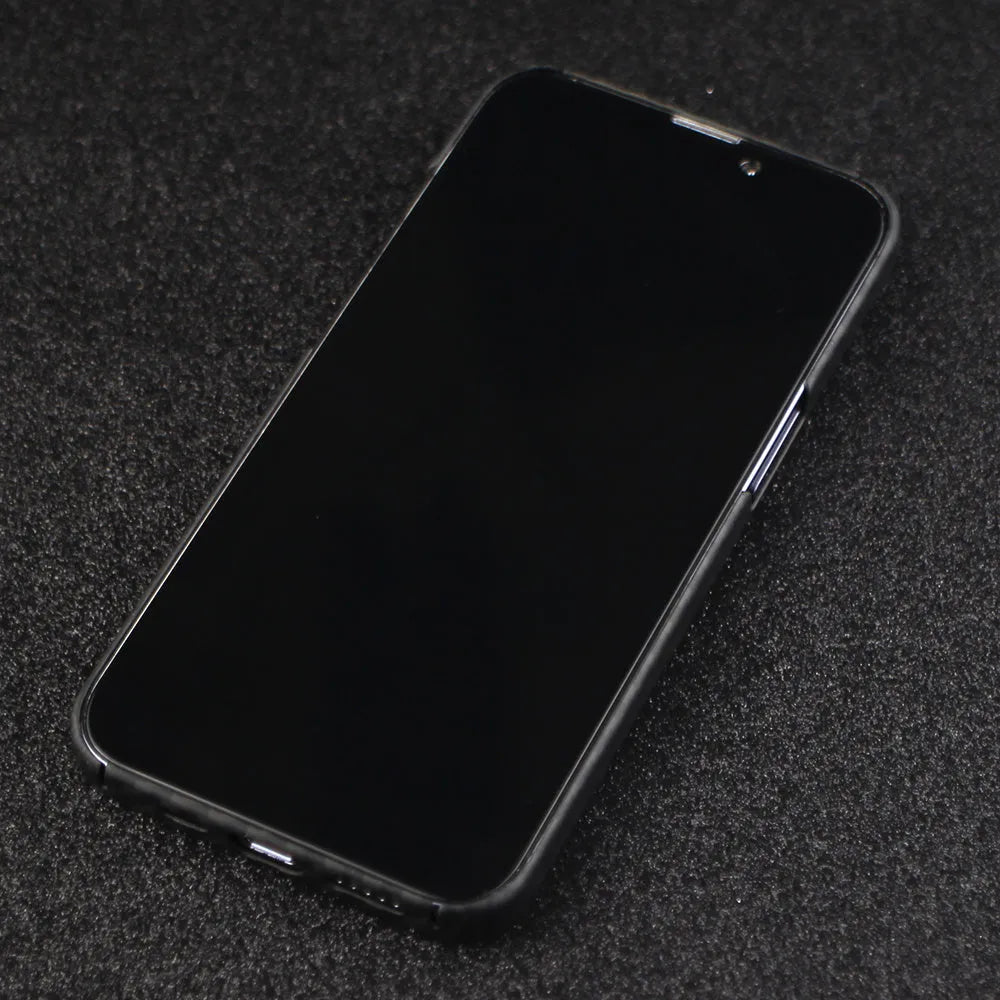 Matte black real carbon Kevlar fibre protective case for Apple iPhone, showing crater texture detail.