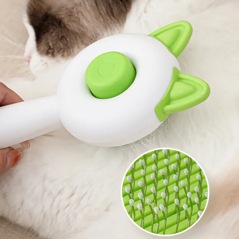 Self-cleaning pet grooming brush with stainless steel teeth and TPR massage nodules in greenish white colour