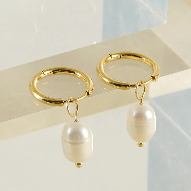 Gold geometric earrings with freshwater pearls on titanium steel posts for women