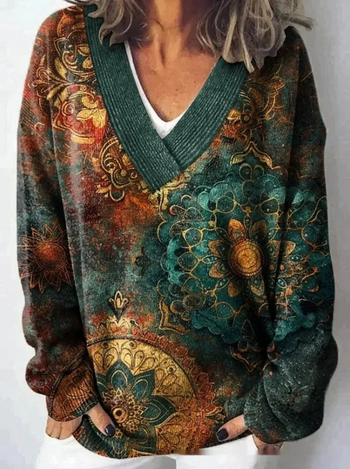 Women's V-neck sweatshirt with 3D floral pattern print in art retro style