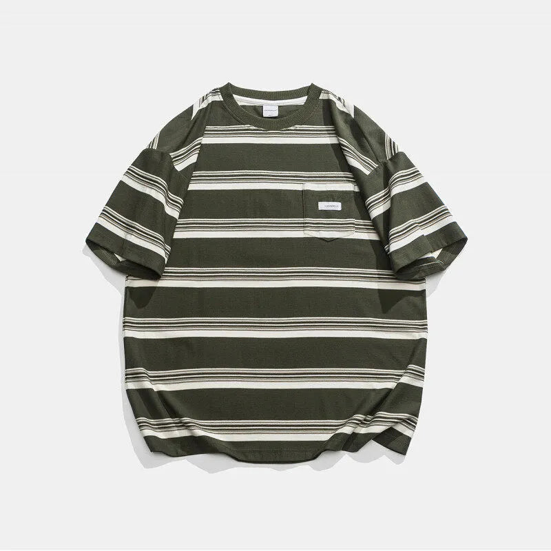 Casual loose striped cotton short sleeve round neck T-shirt with front pocket in black and green, sizes M-XXL