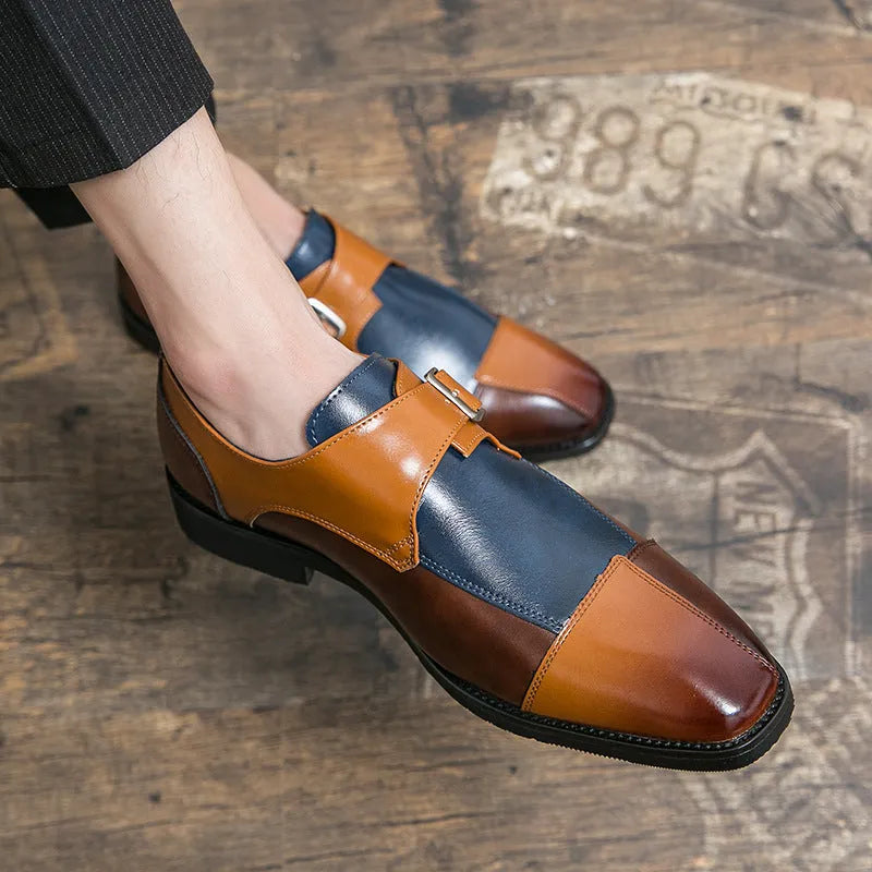 Men's brown blue retro buckle casual shoes with a tall crown microfibre upper.