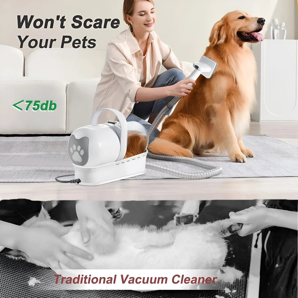 White cordless vacuum pet grooming device with multiple attachment heads for dog coat trimming