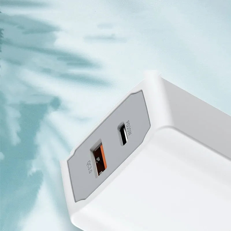 White phone fast charge charger set with European standard USB cable on a plain background