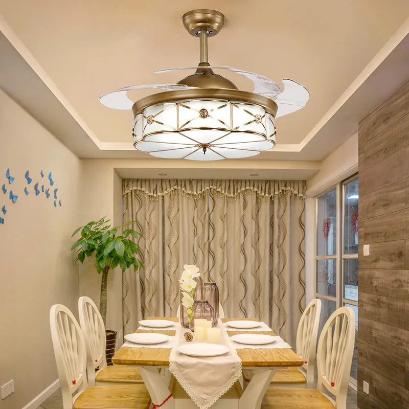 Gold 42-inch ceiling fan light with invisible blades and integrated LED lights