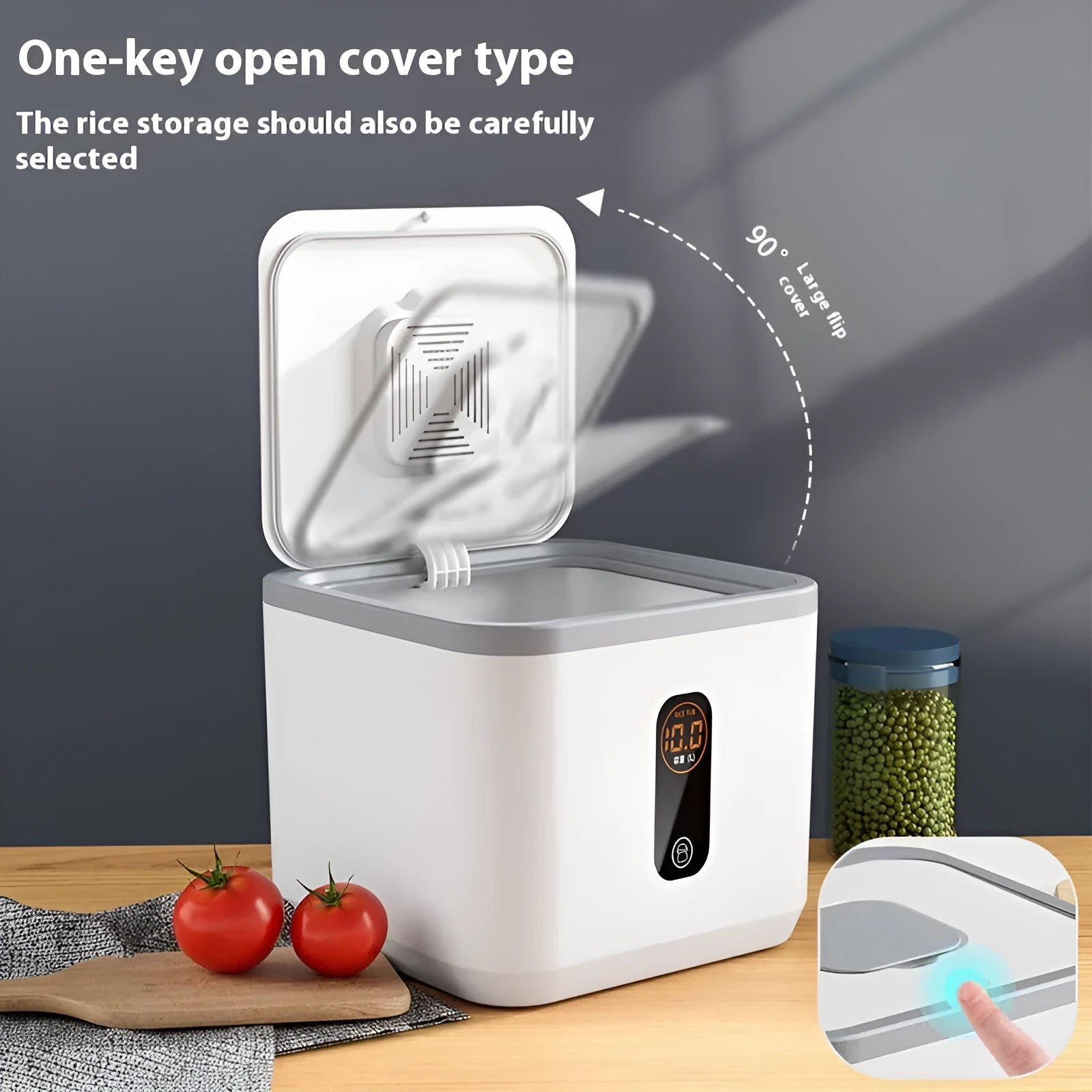 Grey plastic insect-proof and moisture-proof sealed rice storage container with a free measuring cup.