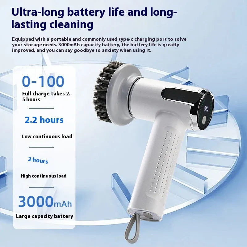 White cordless electric cleaning brush with interchangeable heads on a kitchen counter