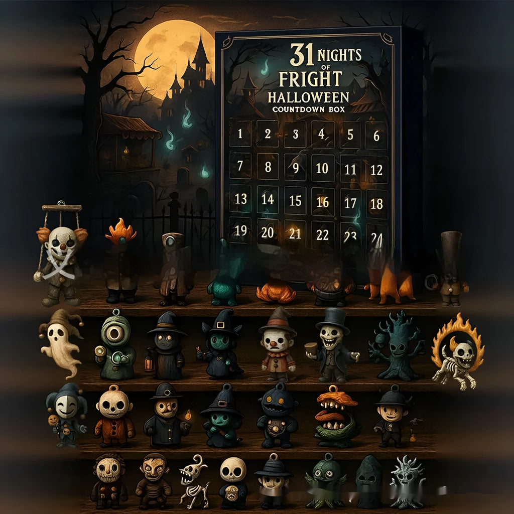 Halloween horror advent countdown blind box with resin doll, available in 7, 15, and 31-night styles.
