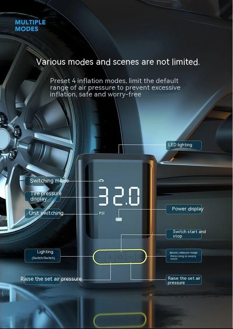 Handheld wireless air pump with digital display showing tyre pressure measurement