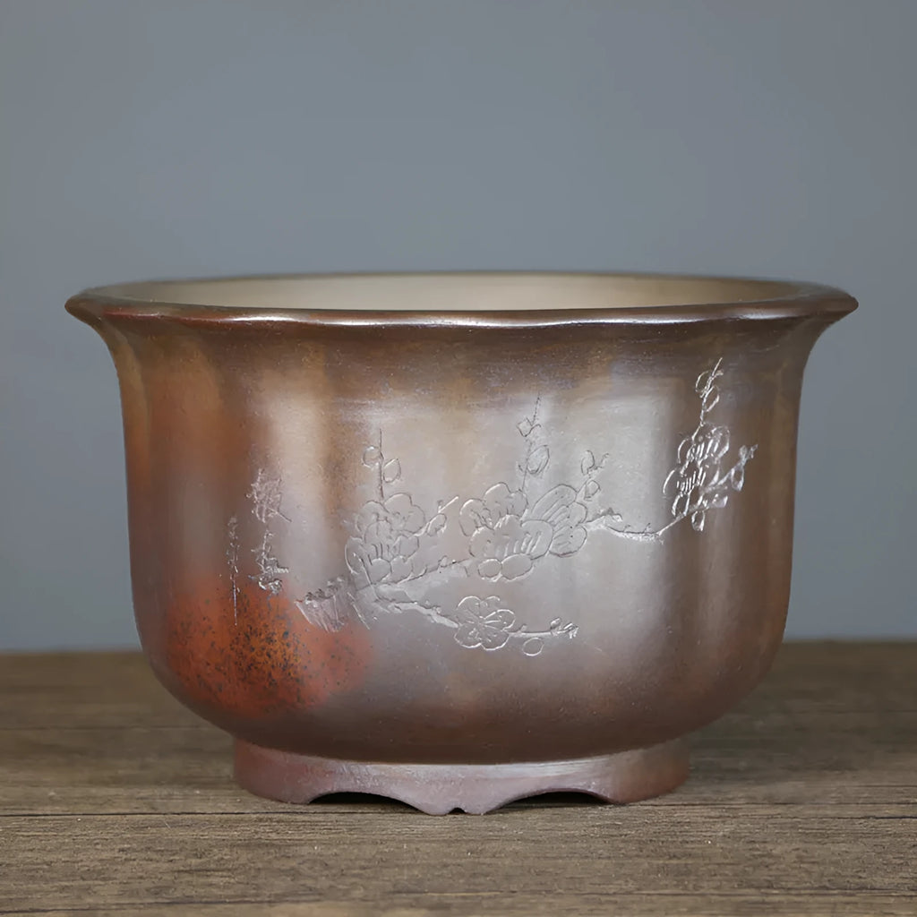 Classical carved ceramic bonsai pot in S1696 firewood brown with antique wood-burning finish