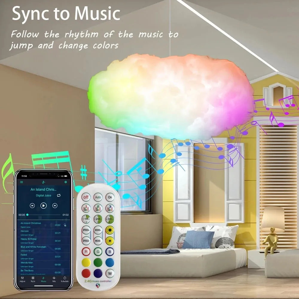 White fabric cloud-shaped LED pendant lamp with colourful lighting effects