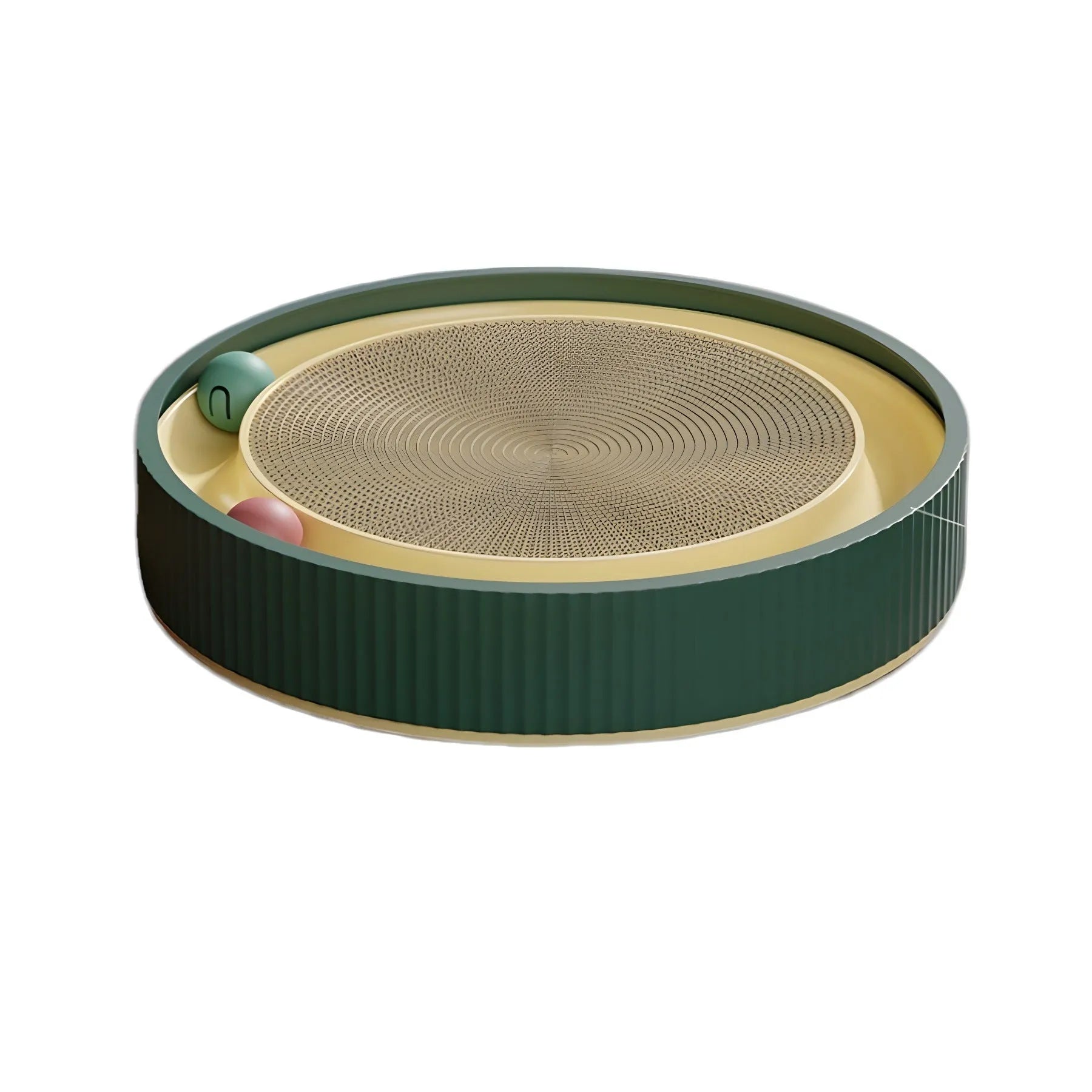 Large circular cat scratching board with ball toys and replaceable cardboard core