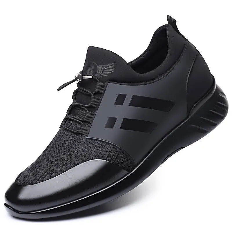 Men's black casual height increasing shoes with chunky rubber sole, shown in leather, mesh, and Lycra upper options.