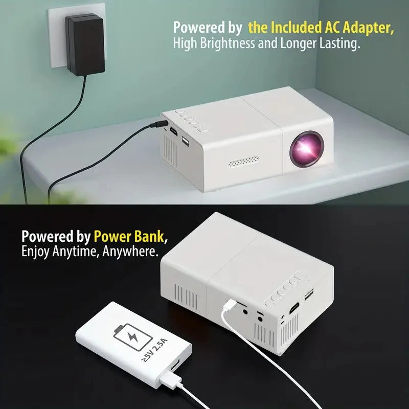 M100 portable LED projector showing black and white colour options with remote control