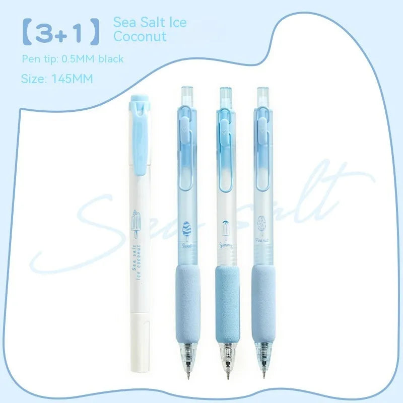 Four double-headed fluorescent calligraphy practice pens with 0.5mm plastic shells in cheese mint and sea salt ice cup colours