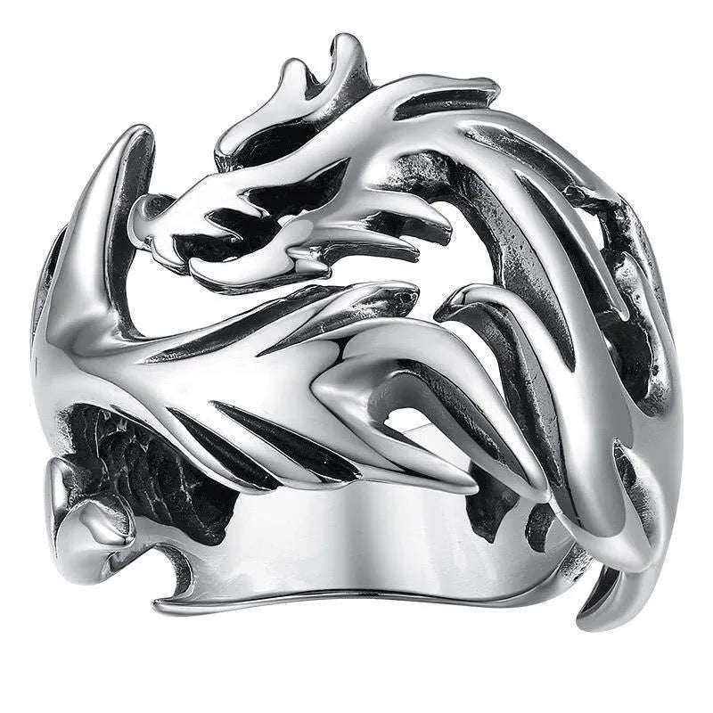 Adjustable metal ring with a luminous Chinese dragon pattern in antique silver blue and green.