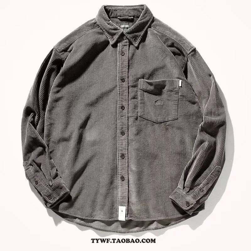 Long sleeve loose shirt in polyester corduroy fabric with caramel colour option