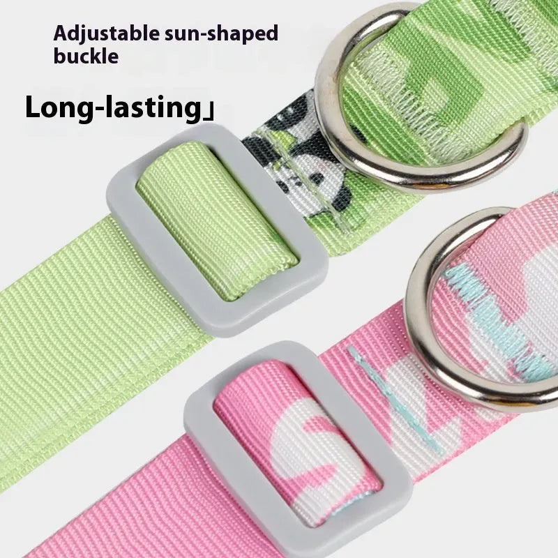 Adjustable nylon dog collar with cartoon gradient printing in panda green colour