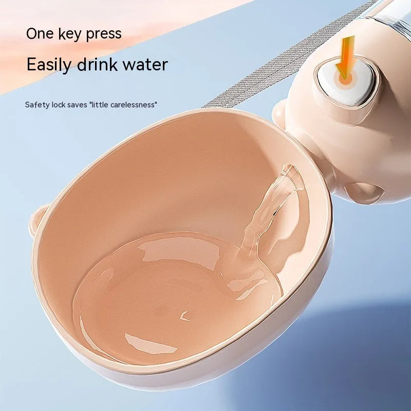 Portable dog water bottle with integrated drinking bowl in yellow, pink or brown colours