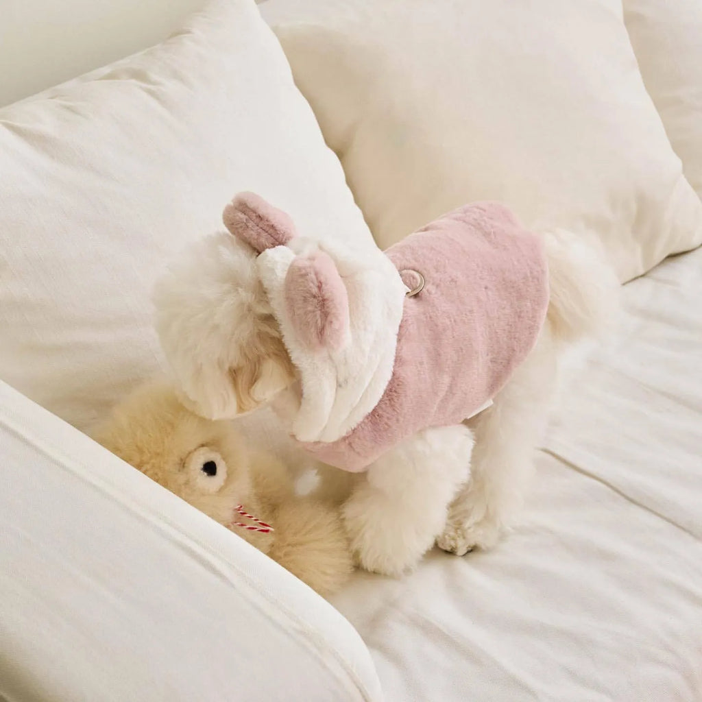 Light pink and light brown polyester warm coat for dogs and cats, shown in sizes XS to XL.