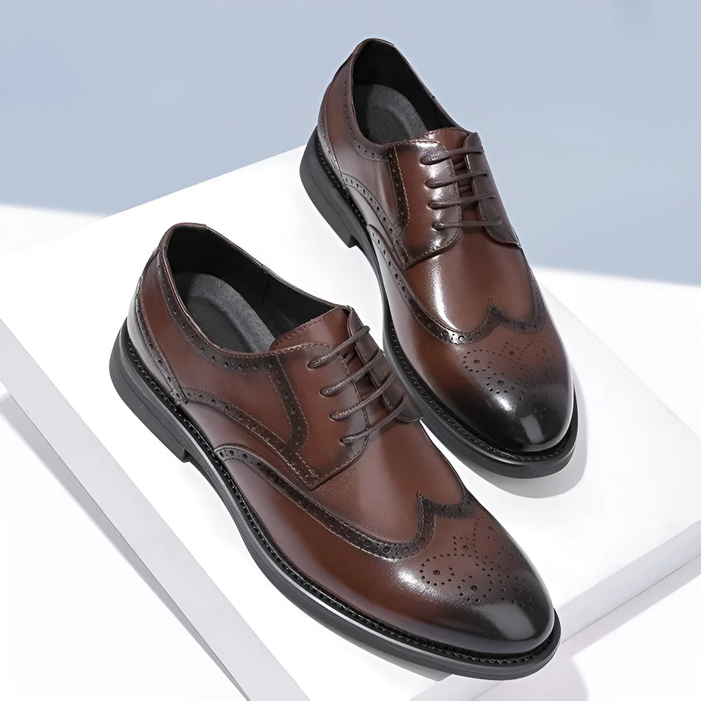 Men's black and brown brogue leather shoes with traditional perforated detailing for business wear