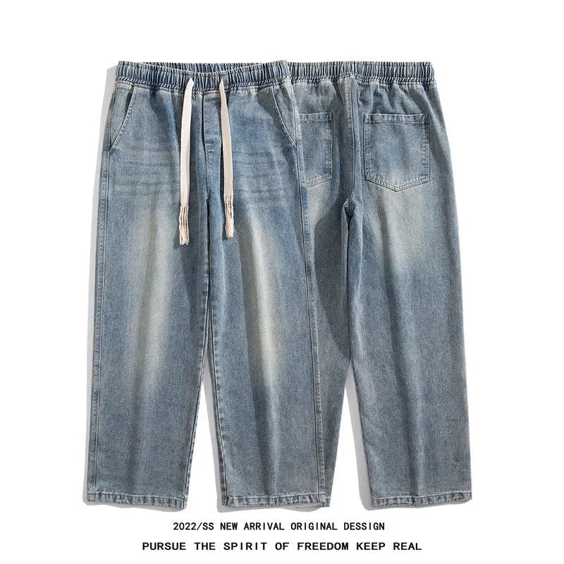 Hong Kong style retro heavy wash distressed loose fit blue jeans with fleece lining, ankle banded, size S-3XL