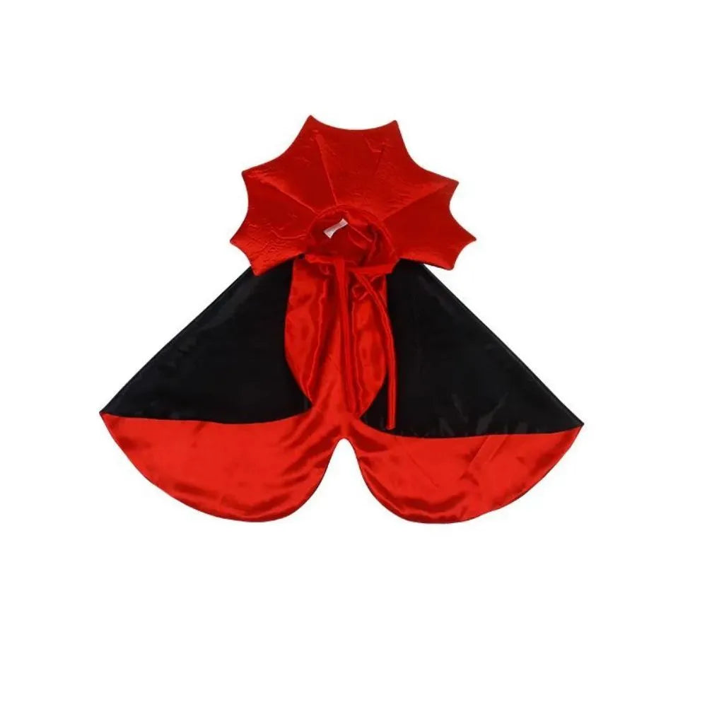 Small dog wearing black vampire cloak Halloween costume with three size options displayed